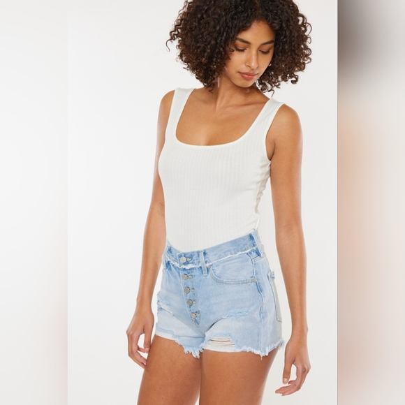 KanCan Button Fly High Rise Distressed Frayed Torn Denim Cut-Off Jean Shorts - Picture 10 of 13